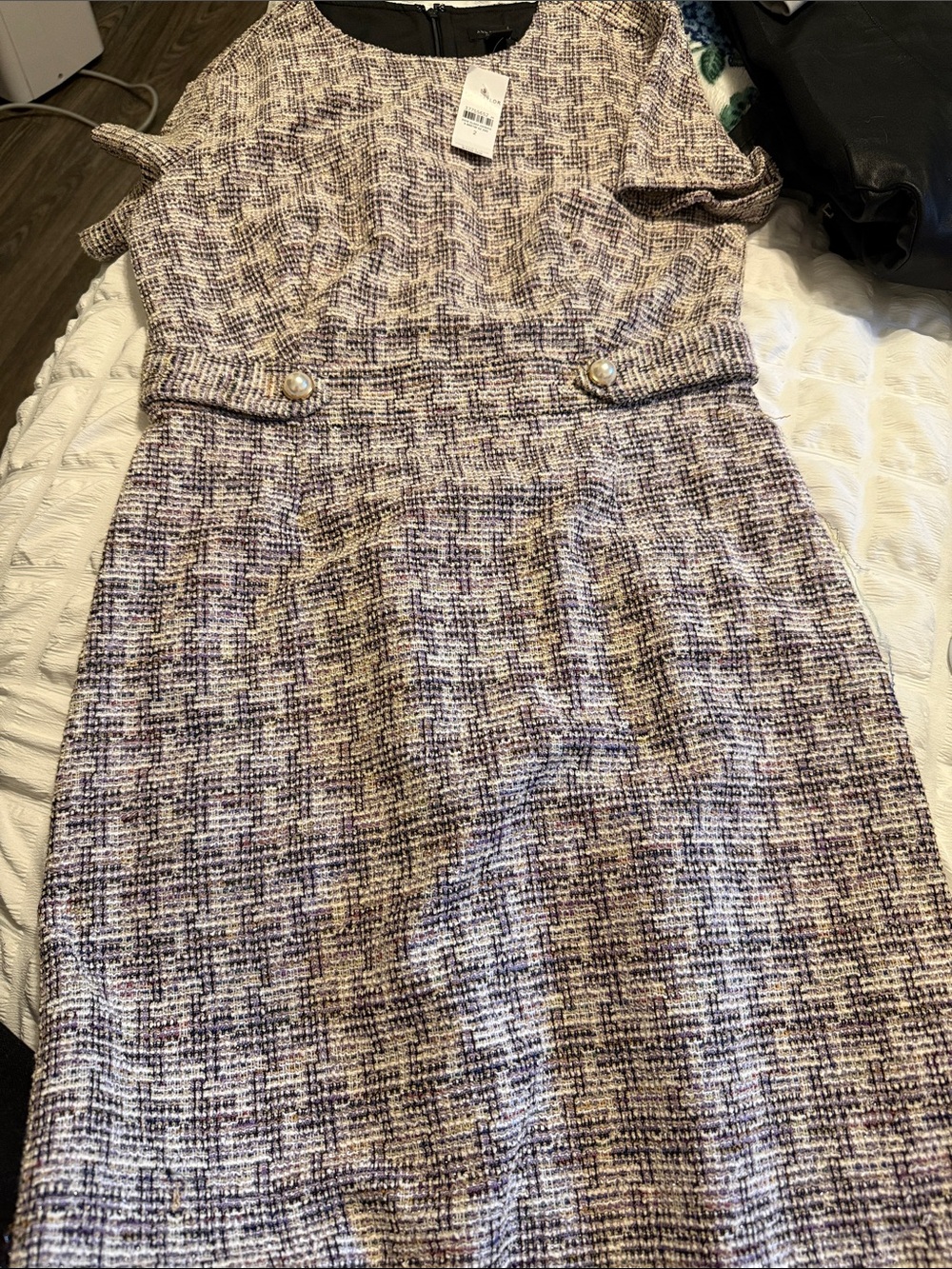 Ann Taylor Lavender and Cream Tweed Midi Sheath Dress with Pearl Buttons